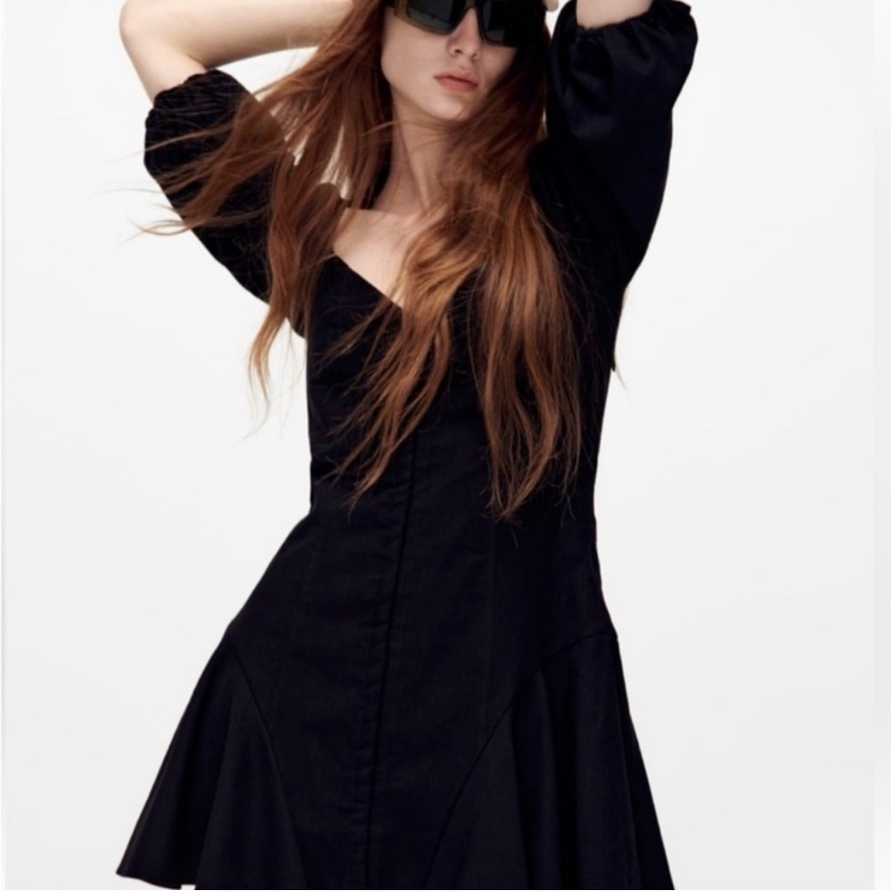 ZARA Sweetheart Neckline Puff Sleeve Mini Dress - Picture 2 of 10